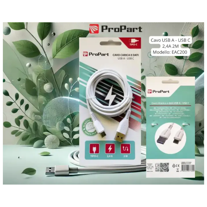 Cavo Carica e Dati Tipo-C 2.4 A. Lunghezza 2 metri Bianco PP2TC600W