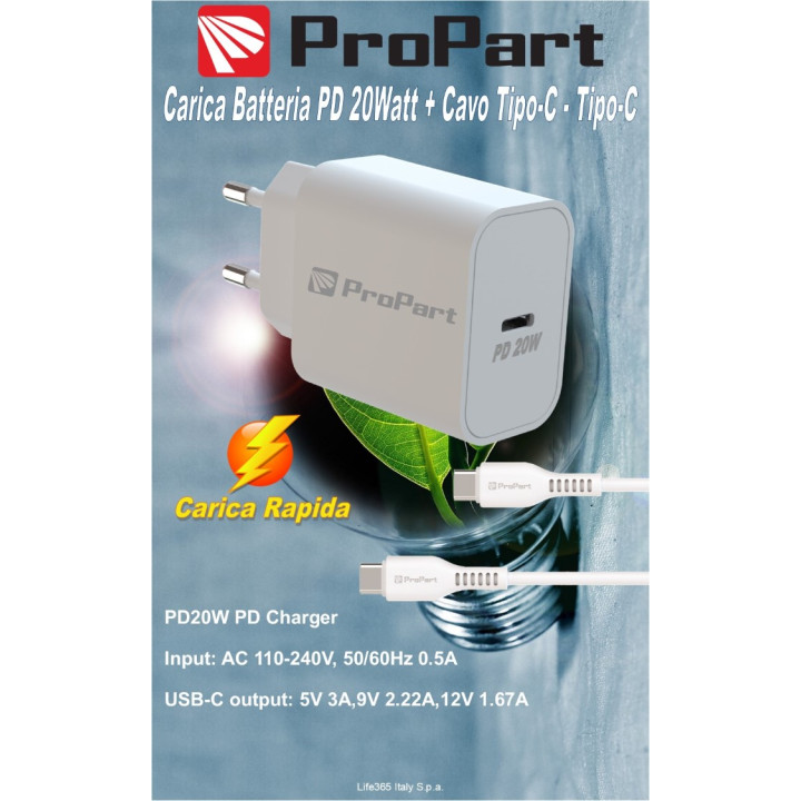 Carica Batterie + Cavo Type-C a Type-C 1.5M Rapid 20W PD