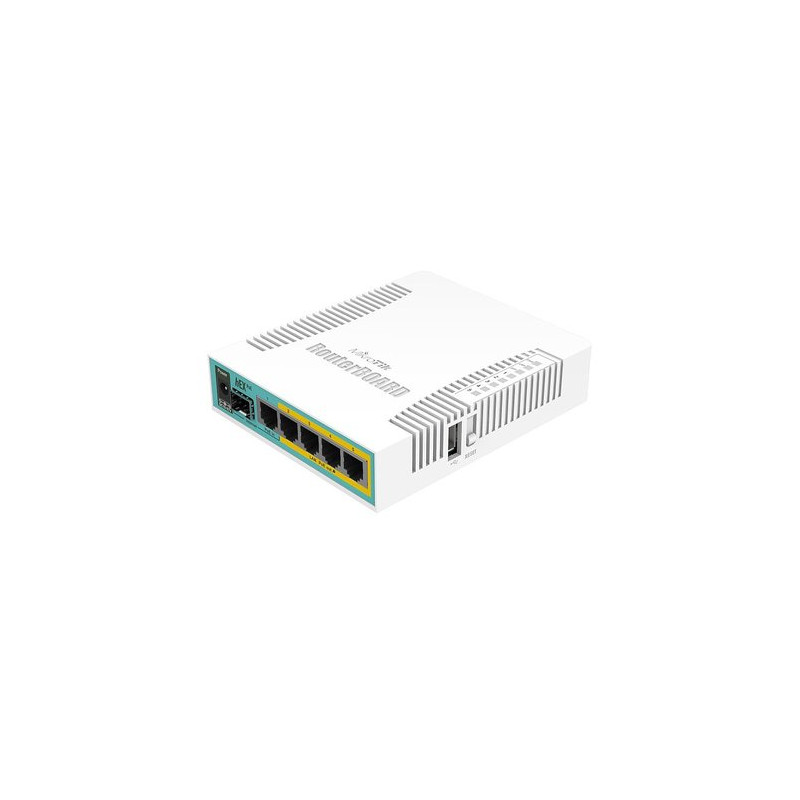 ROUTER MIKROTIK hEX PoE with 800MHz CPU, 128MB RAM, 5x Gigabit LAN (four with PoE out), USB, RouterOS L4, plastic case and PSU