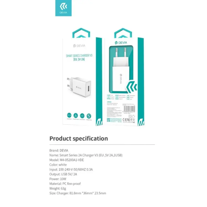 Carica Batterie Devia da muro 2.1 A. 1 Out USB 10.5W Bianco